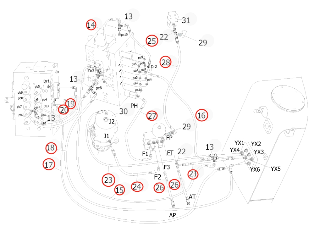Sunward SWE500E-3 installation diagram showing hydraulic hose 730501000560 at Pipe No. 15