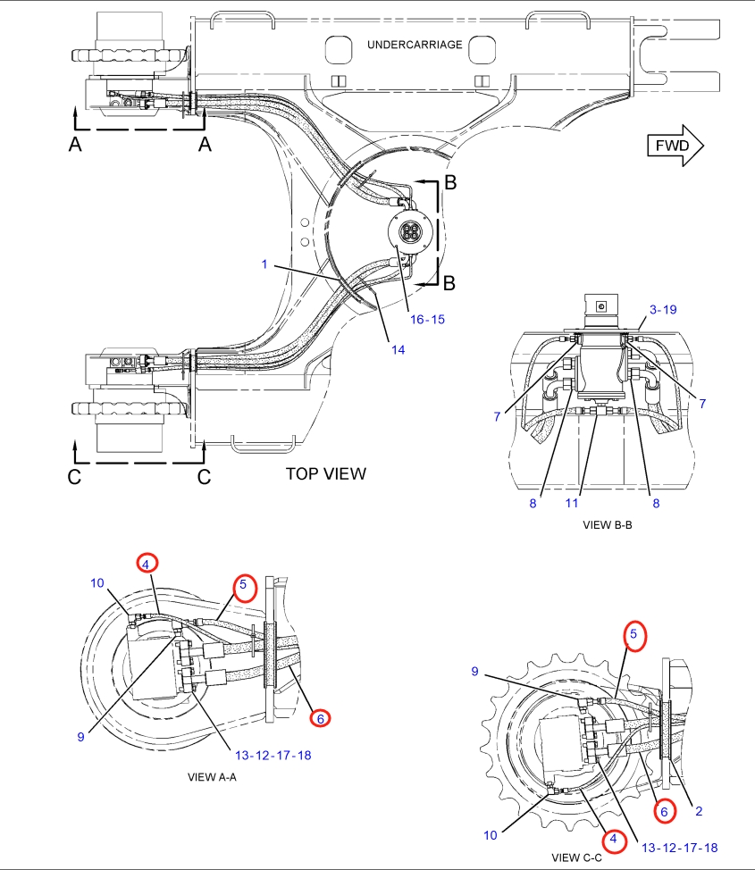 Caterpillar CAT®318D2 installation diagram showing hydraulic hose 7I-8249 at Pipe No. 5