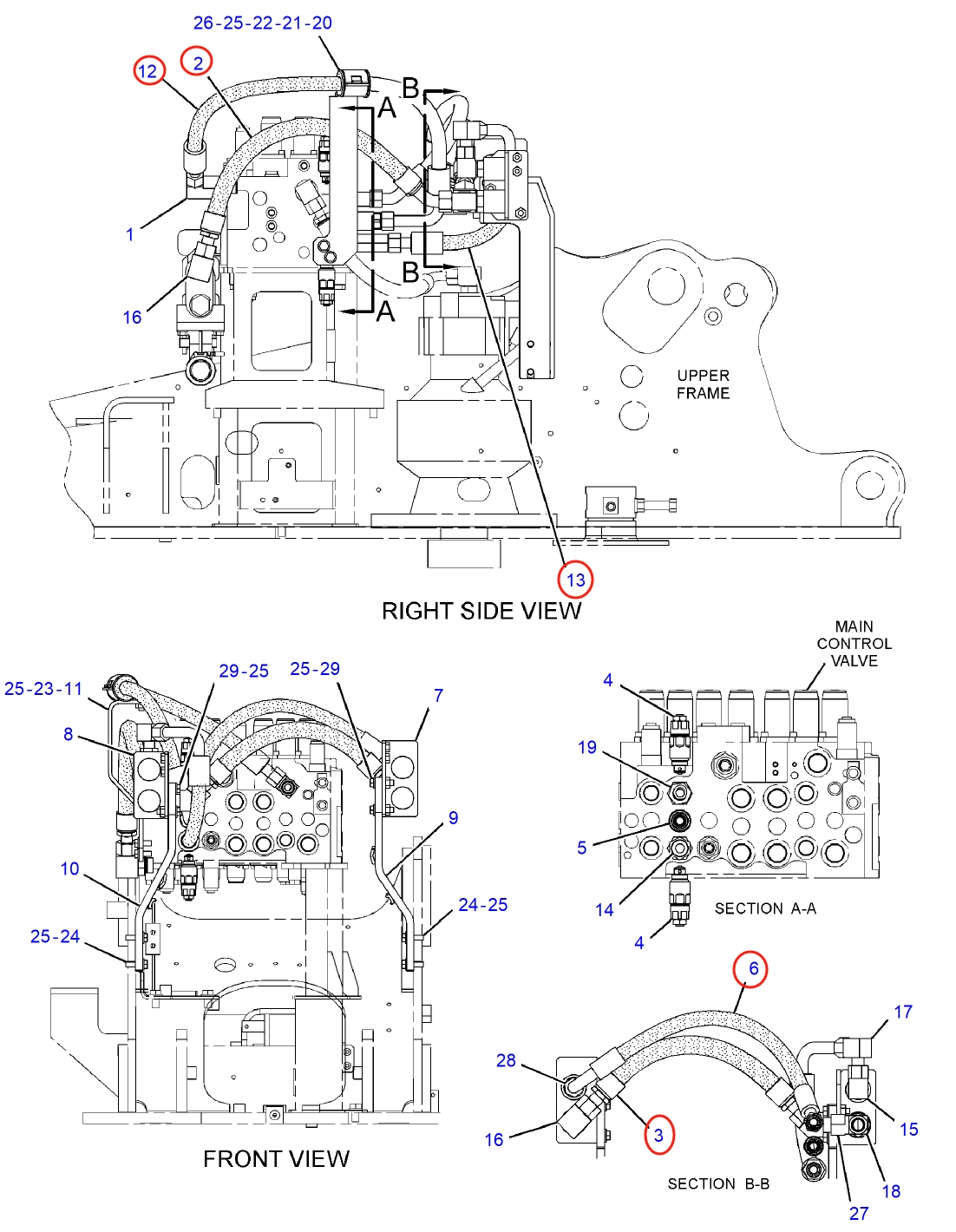 Caterpillar CAT®312D2 L installation diagram showing hydraulic hose 282-7150 at Pipe No. 12