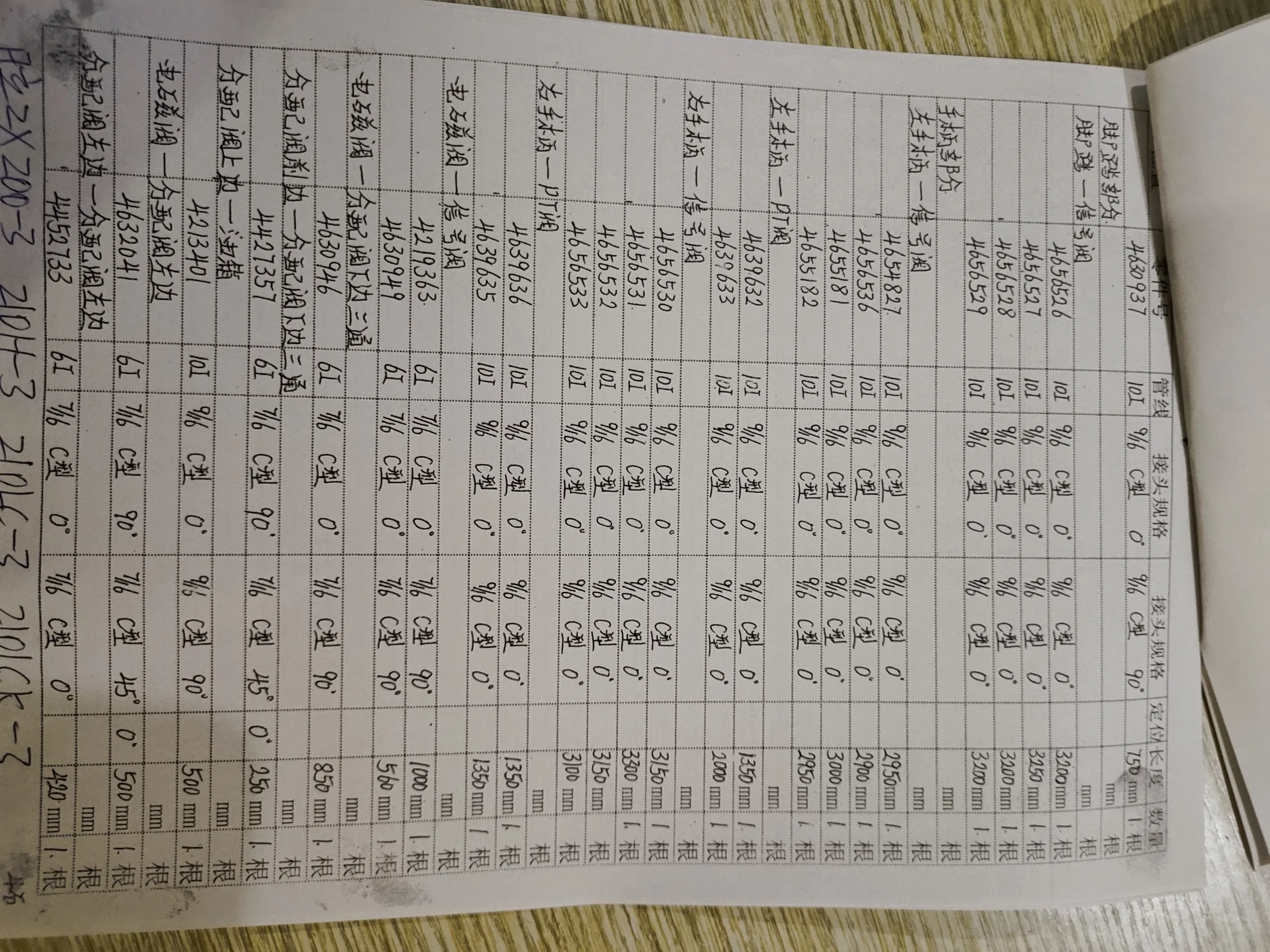 Hitachi ZX200-3 hydraulic hose part numbers and recorded lengths — technician notebook page 9 of 10 — recorded hose parts 500MM1AF