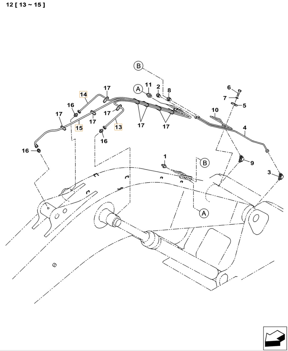 Case CX500C installation diagram showing hydraulic hose KHJ2082 at Pipe No. 14