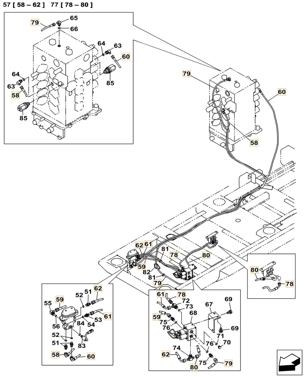 Case CX490C LC installation diagram showing hydraulic hose KHJ2194 at Pipe No. 62