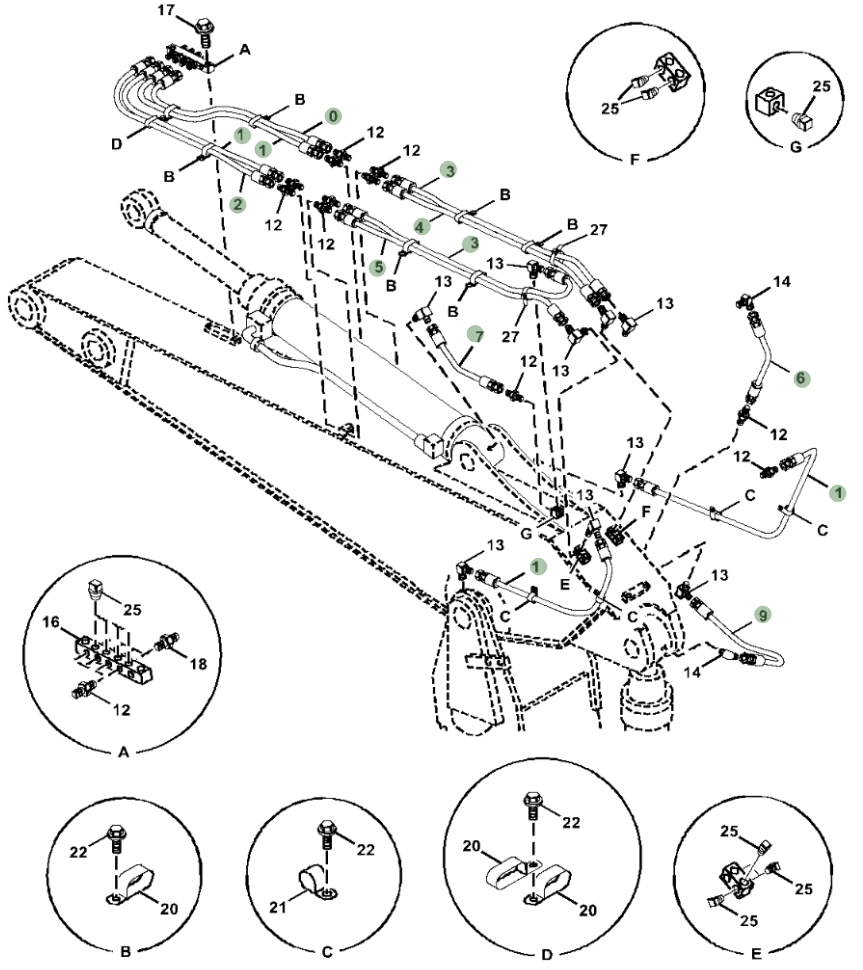 Hitachi ZX470LC-5B installation diagram showing hydraulic hose 4214424 at Pipe No. 7