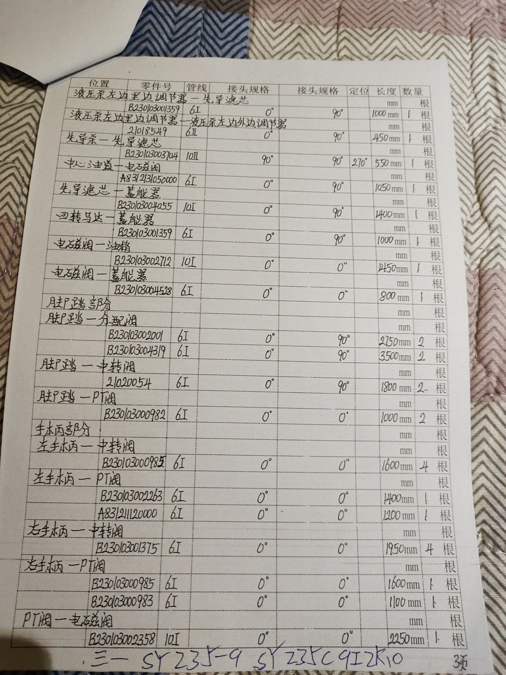 SANY SY235-9 hydraulic hose part numbers and recorded lengths — technician notebook page 3 of 5 — recorded hose parts A83211120000, A8323050000, B23003000982