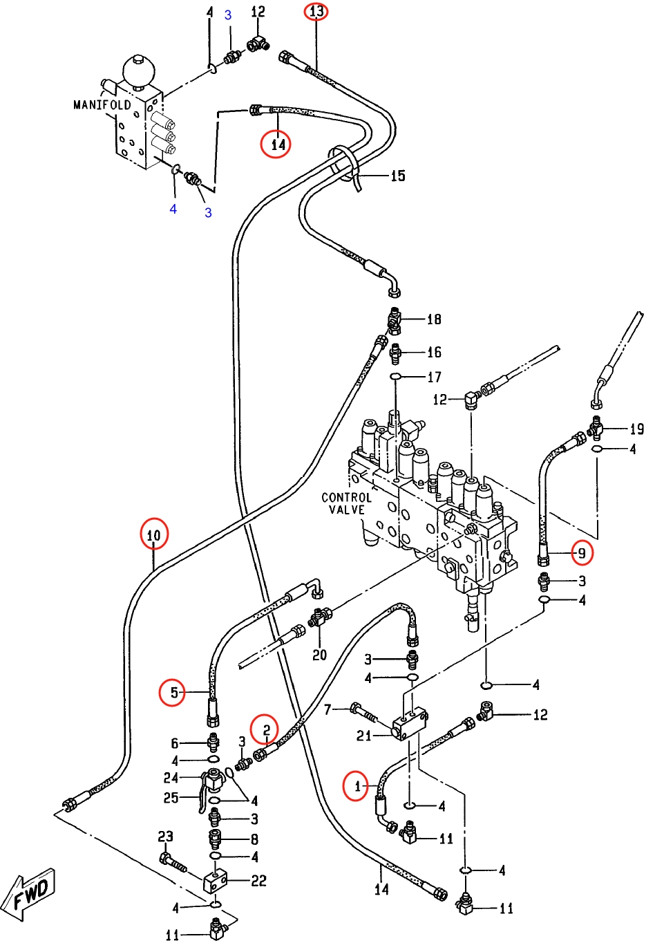 Caterpillar CAT®312-A installation diagram showing hydraulic hose 5I-4487 at Pipe No. 14