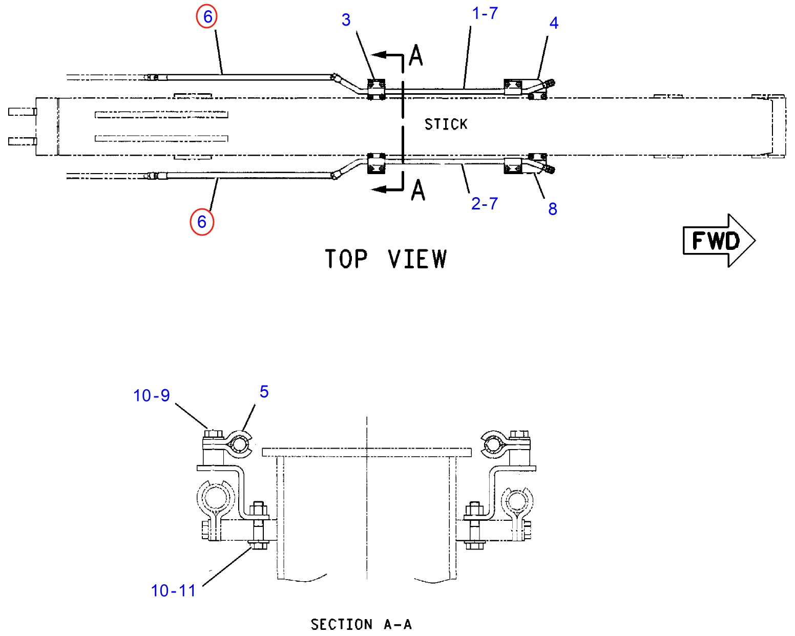 Caterpillar CAT®315C installation diagram showing hydraulic hose 193-6613 at Pipe No. 6
