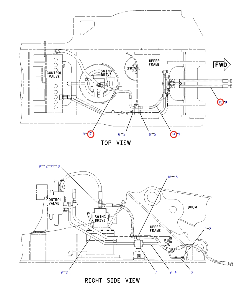 Caterpillar CAT®318B installation diagram showing hydraulic hose 121-6318 at Pipe No. 13