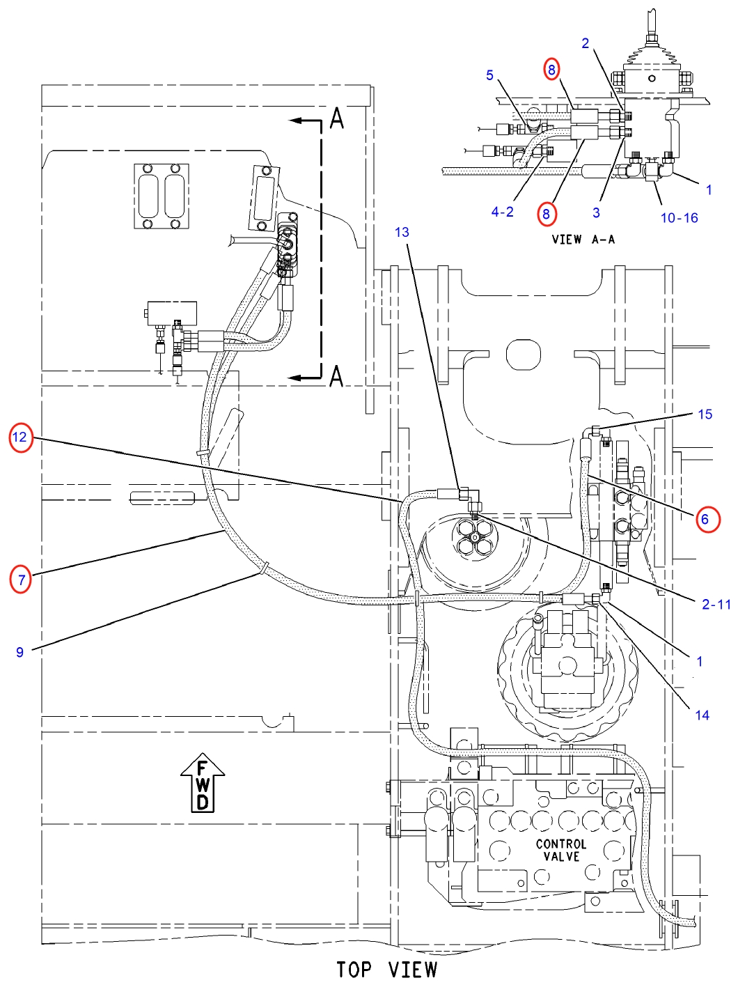 Caterpillar CAT®312C L installation diagram showing hydraulic hose 109-7556 at Pipe No. 8