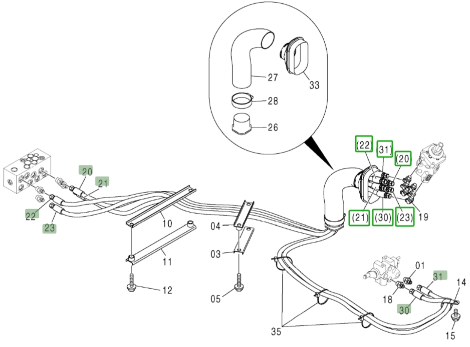 Hitachi ZX370 installation diagram showing hydraulic hose 4437656 at Pipe No. 31