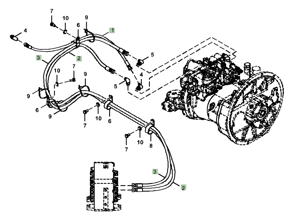 Hitachi ZX210LC-5A installation diagram showing hydraulic hose 4664368 at Pipe No. 3