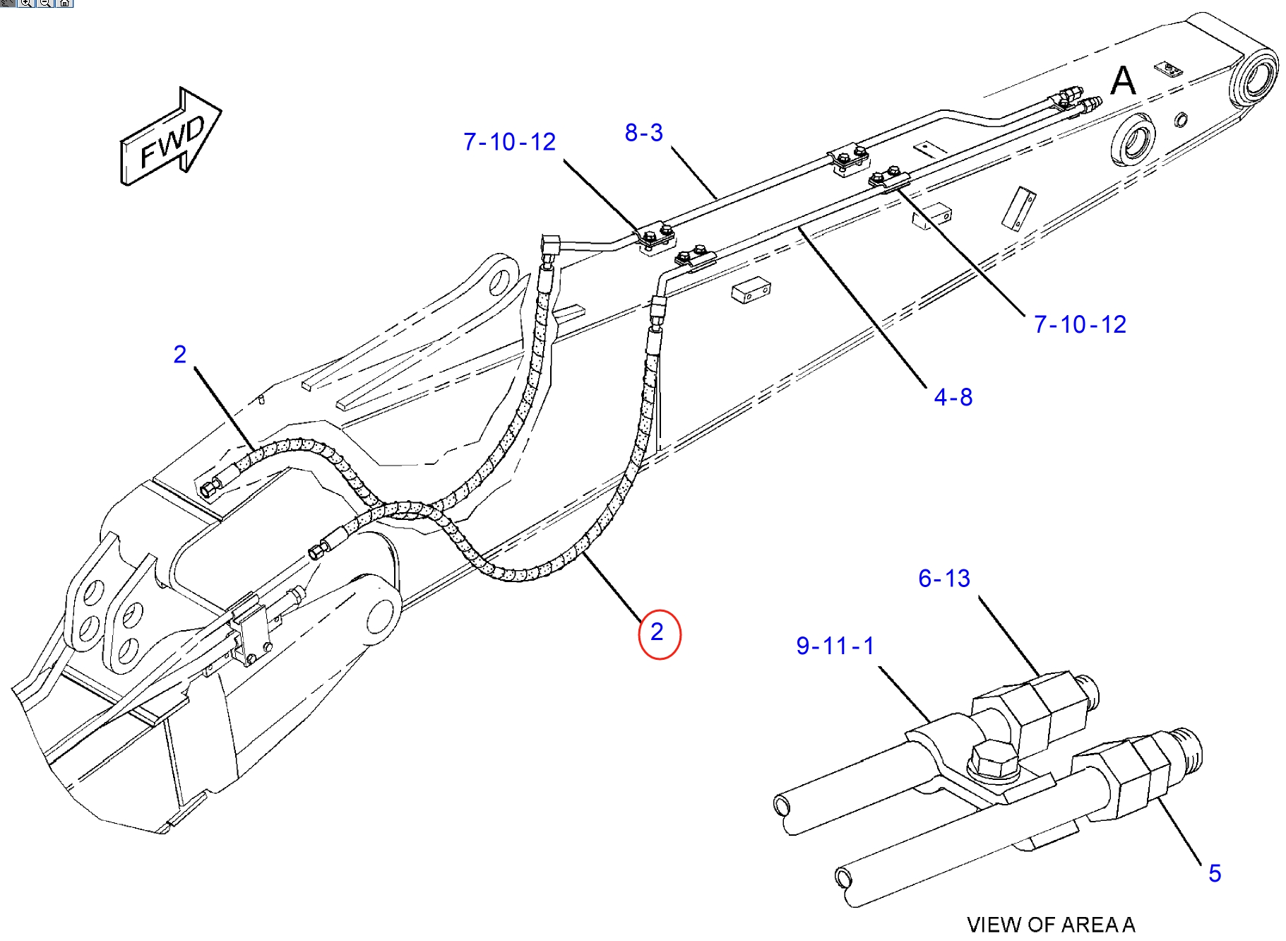 Caterpillar CAT®311F LRR installation diagram showing hydraulic hose 382-7079 at Pipe No. 2