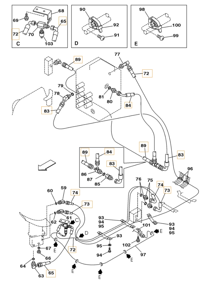 Case CX160 installation diagram showing hydraulic hose 161483A1 at Pipe No. 65