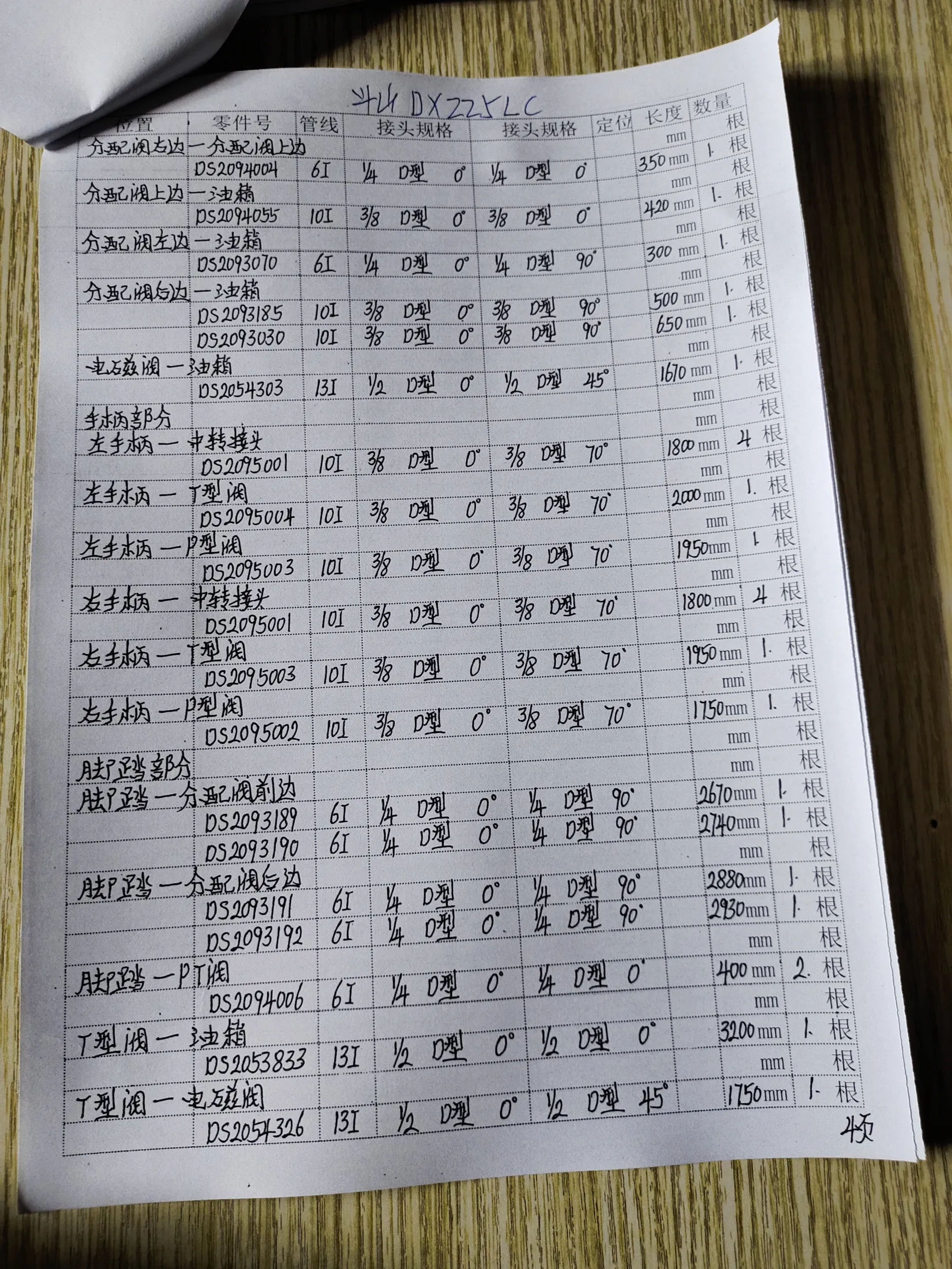 斗山 DX225LC hydraulic hose part numbers and recorded lengths — technician notebook page 4 of 5