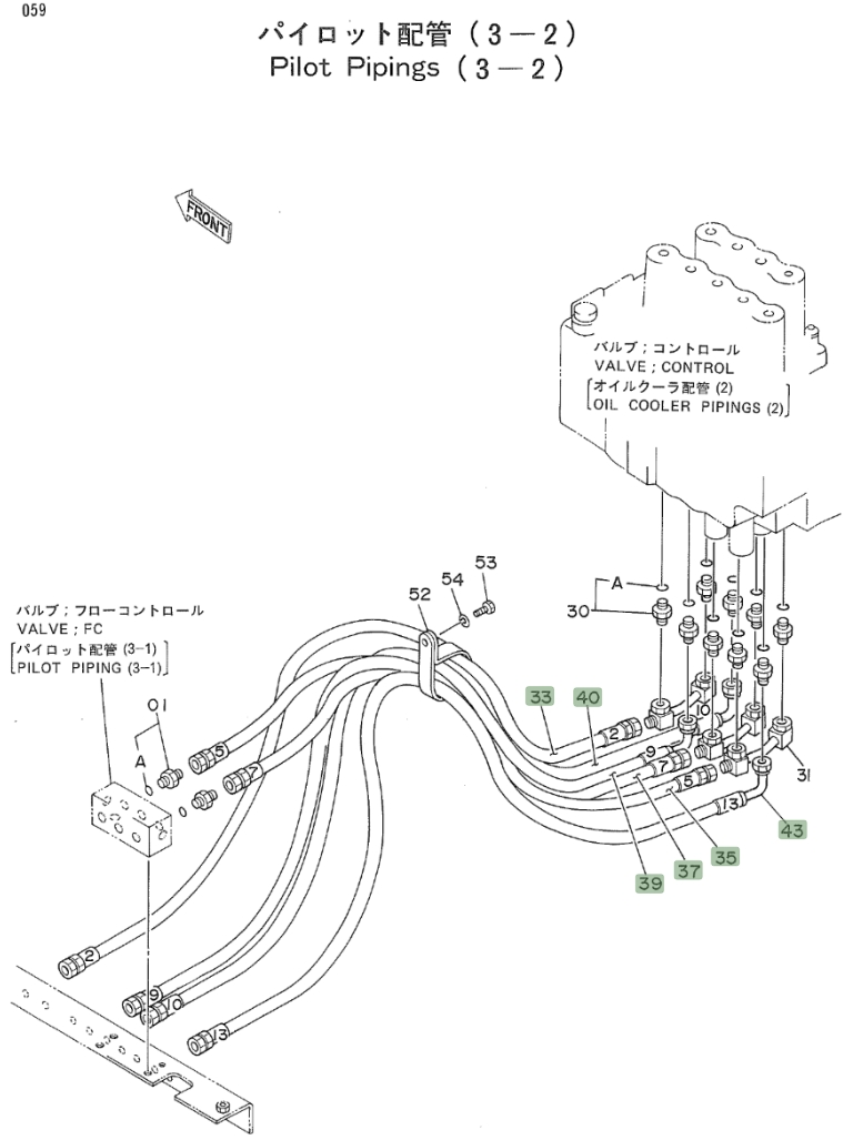 Hitachi EX160WD installation diagram showing hydraulic hose 4203074 at Pipe No. 43