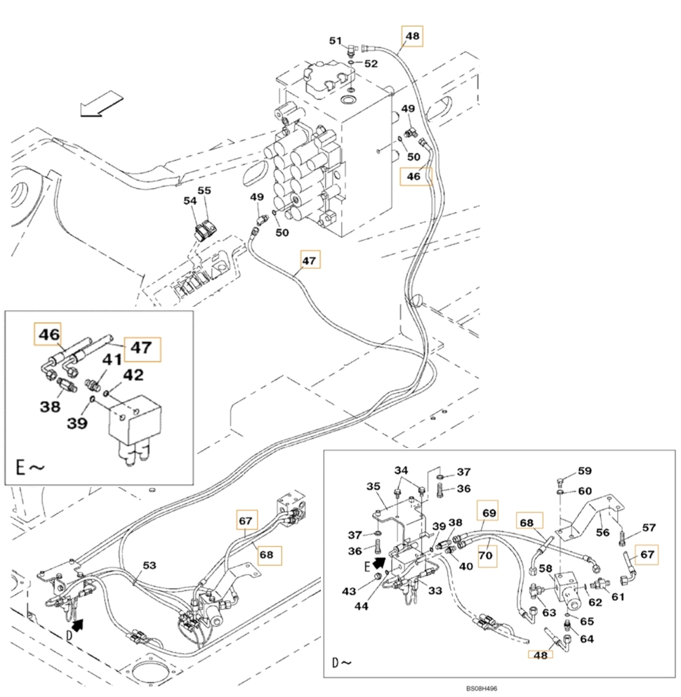 Case CX470B installation diagram showing hydraulic hose KHJ2180 at Pipe No. 70