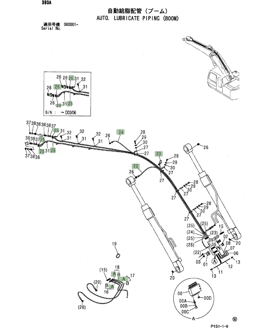 Hitachi ZX120 installation diagram showing hydraulic hose 4370428 at Pipe No. 23
