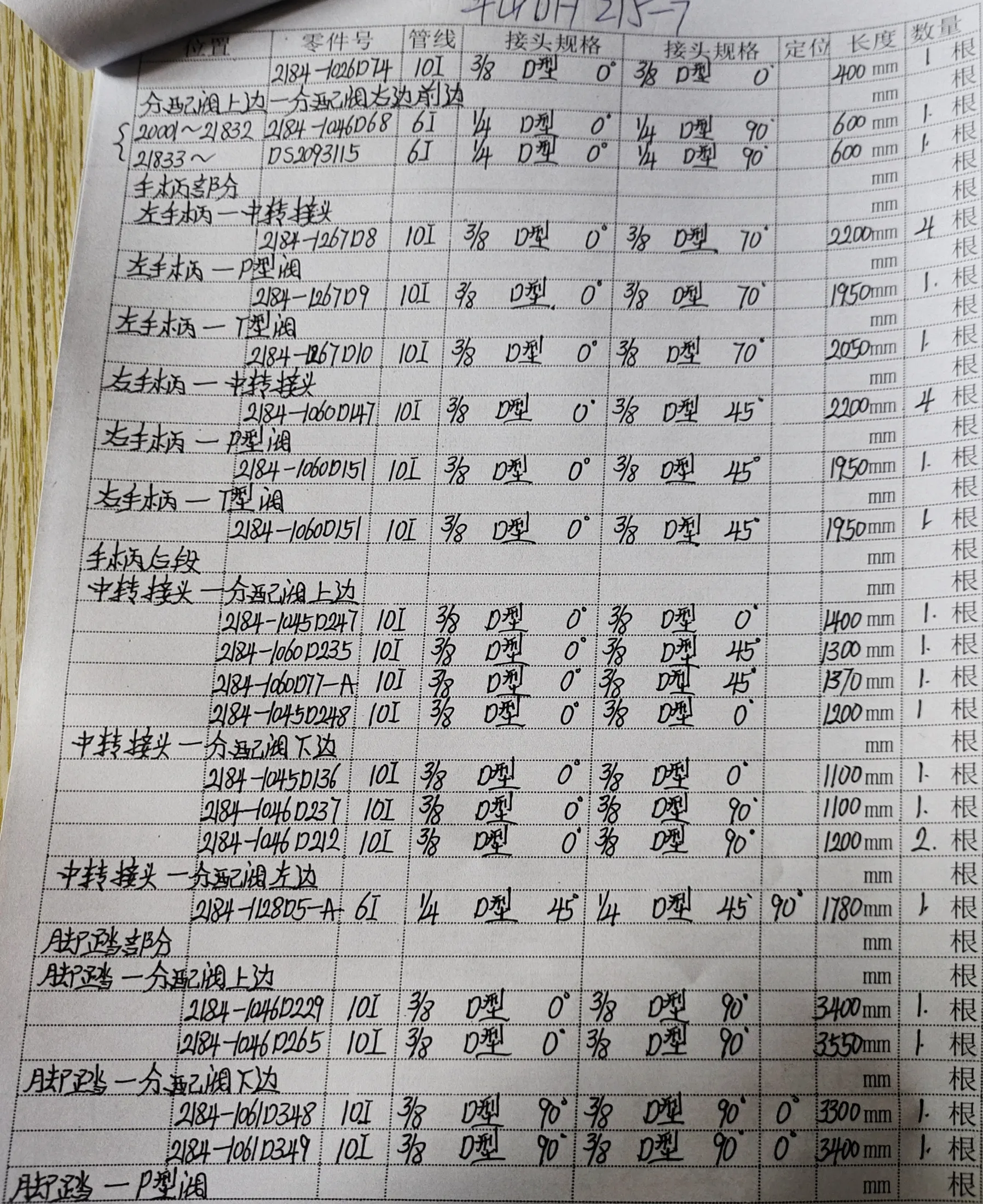 Doosan DH215-7 hydraulic hose part numbers and recorded lengths — technician notebook page 4 of 5