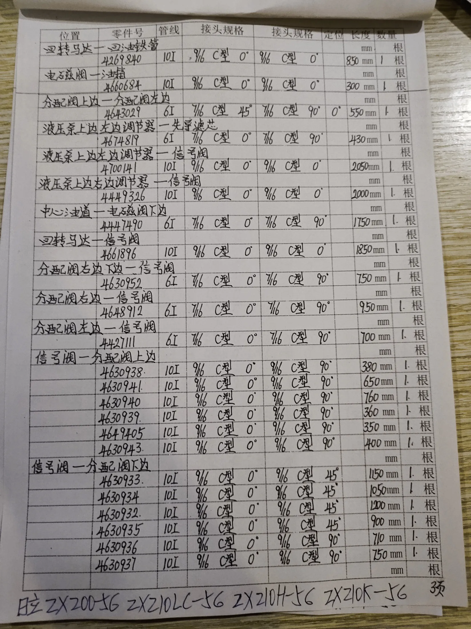 Hitachi 210K-5G hydraulic hose part numbers and recorded lengths — technician notebook page 3 of 5