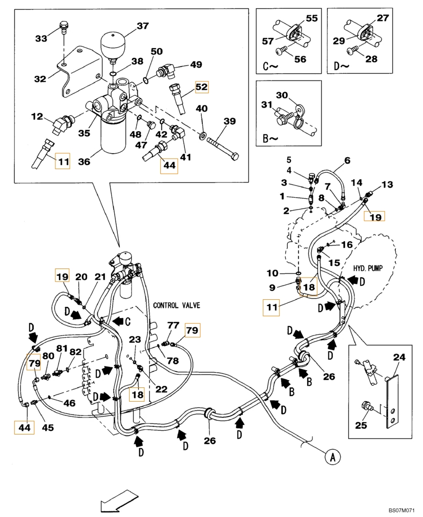 Case CX135SR installation diagram showing hydraulic hose KHJ2092 at Pipe No. 79