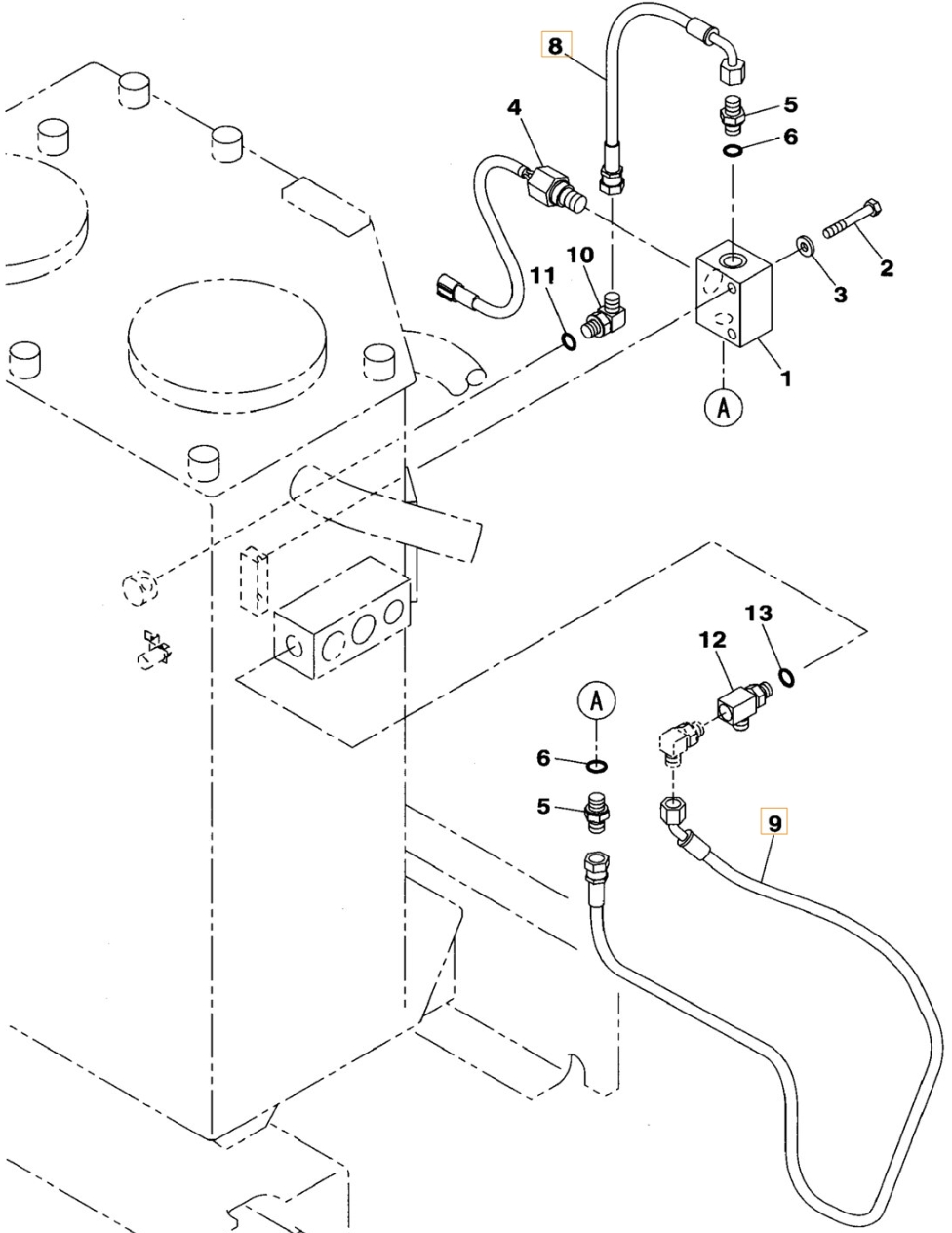 Case CX240B installation diagram showing hydraulic hose KHJ2292 at Pipe No. 8