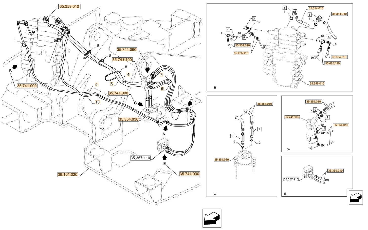 Case CX145D SR 2PB installation diagram showing hydraulic hose KHJ2058 at Pipe No. 6
