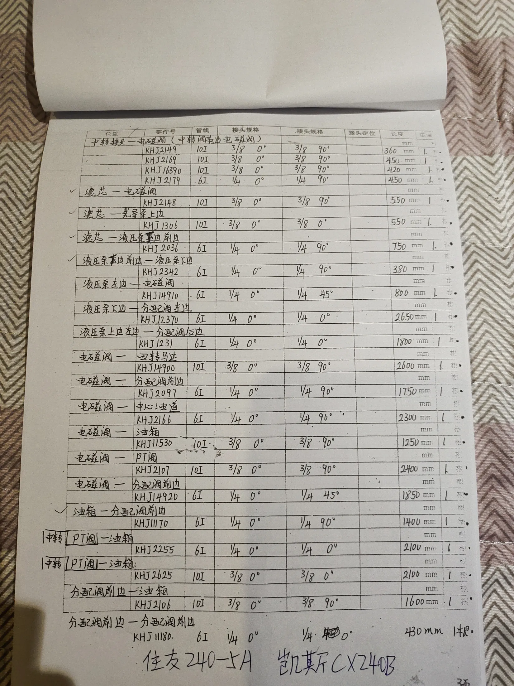 Sumitomo 240-5A hydraulic hose part numbers and recorded lengths — technician notebook page 3 of 4 — recorded hose parts KHJ11180, KHJ1231, KHJ12370