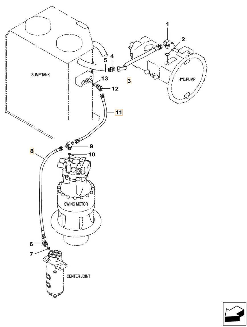 Case CX240C installation diagram showing hydraulic hose KNJ2338 at Pipe No. 11