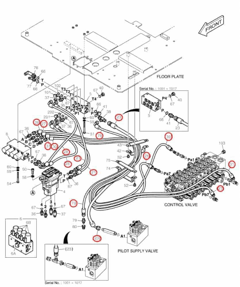 Doosan DX62R-3 installation diagram showing hydraulic hose DS2093024 at Pipe No. 21