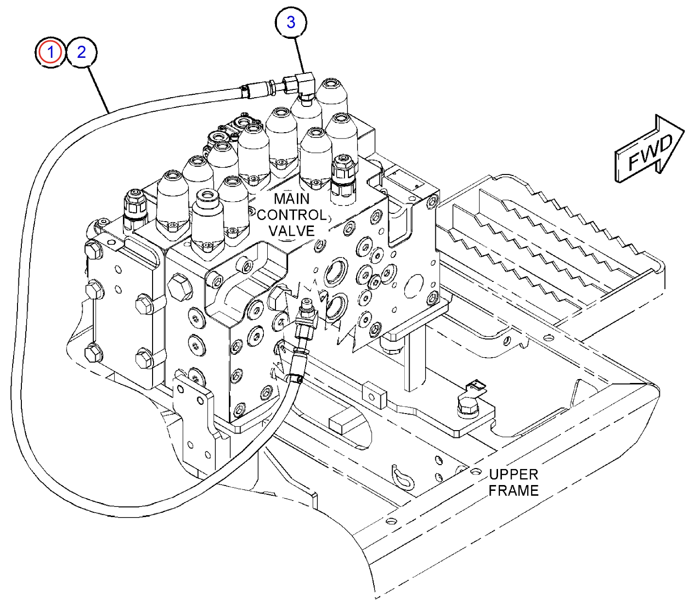 Caterpillar CAT®311F LRR installation diagram showing hydraulic hose 4I-6136 at Pipe No. 1