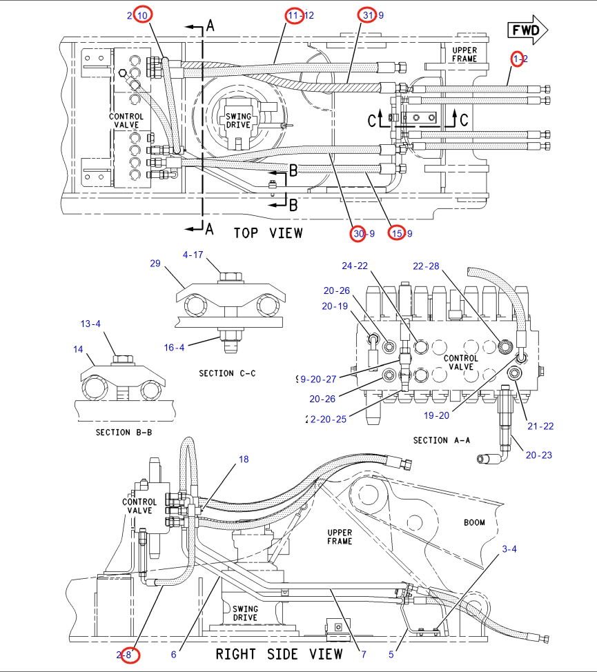 Caterpillar CAT®318B N installation diagram showing hydraulic hose 121-6317 at Pipe No. 1