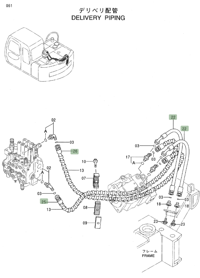 Hitachi EX80-5 installation diagram showing hydraulic hose 4196297 at Pipe No. 25
