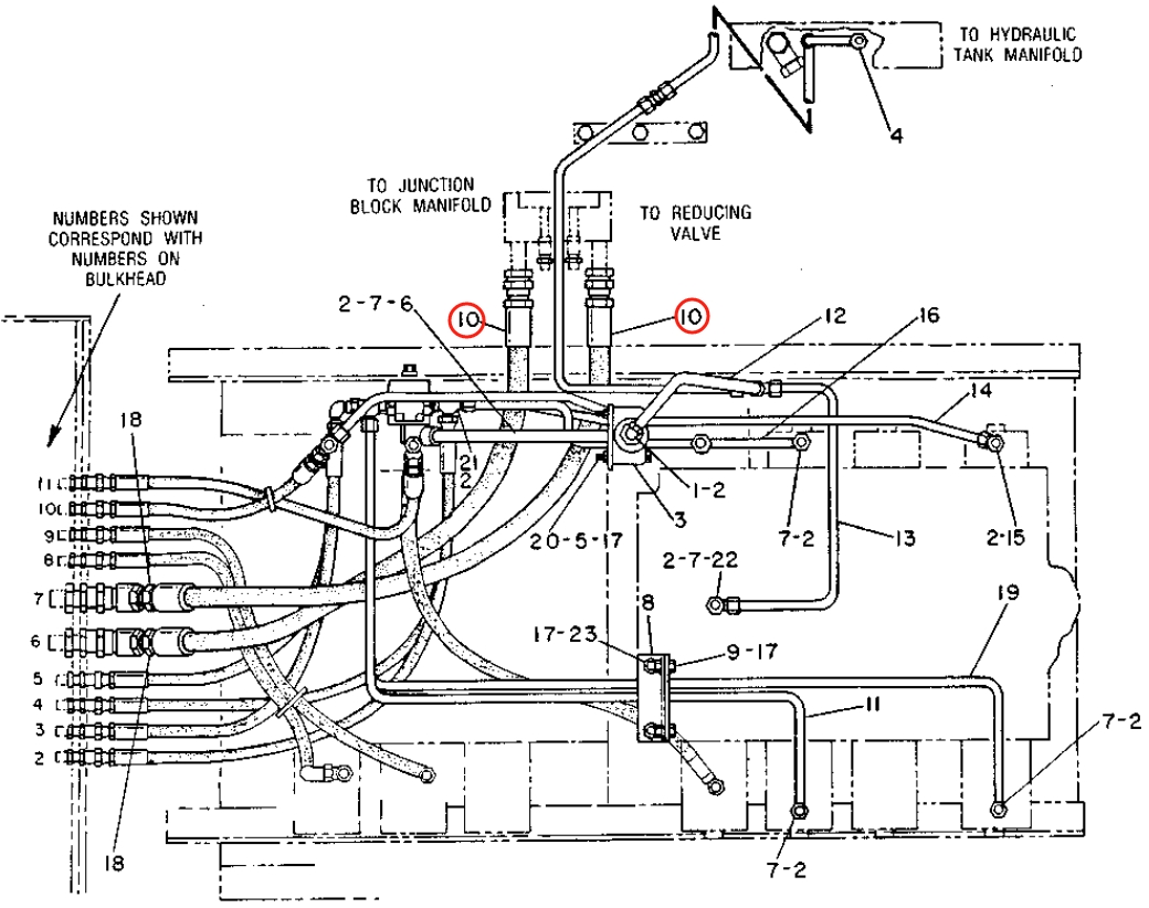 Caterpillar CAT®229 installation diagram showing hydraulic hose 7V-4250 at Pipe No. 10
