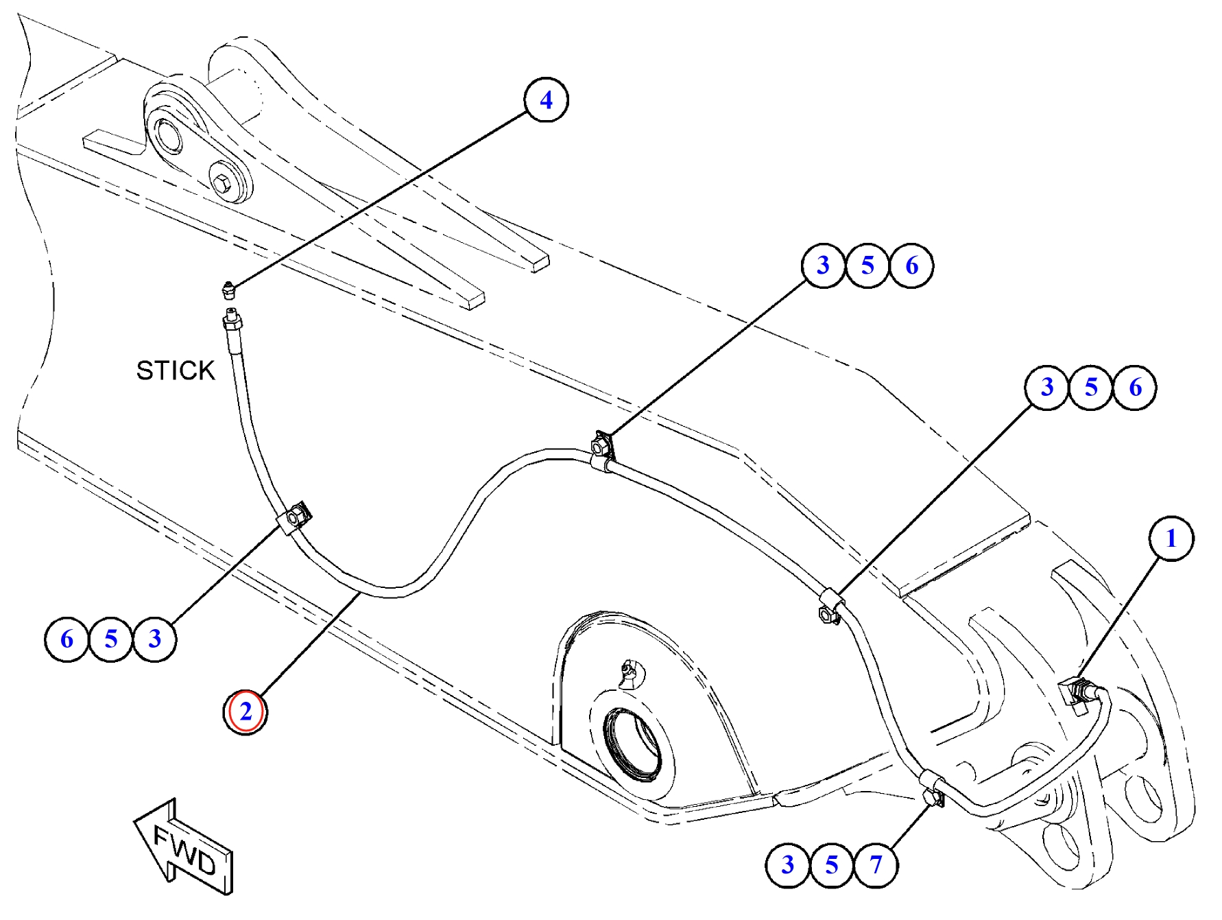 Caterpillar CAT®312E L installation diagram showing hydraulic hose 203-7400 at Pipe No. 2
