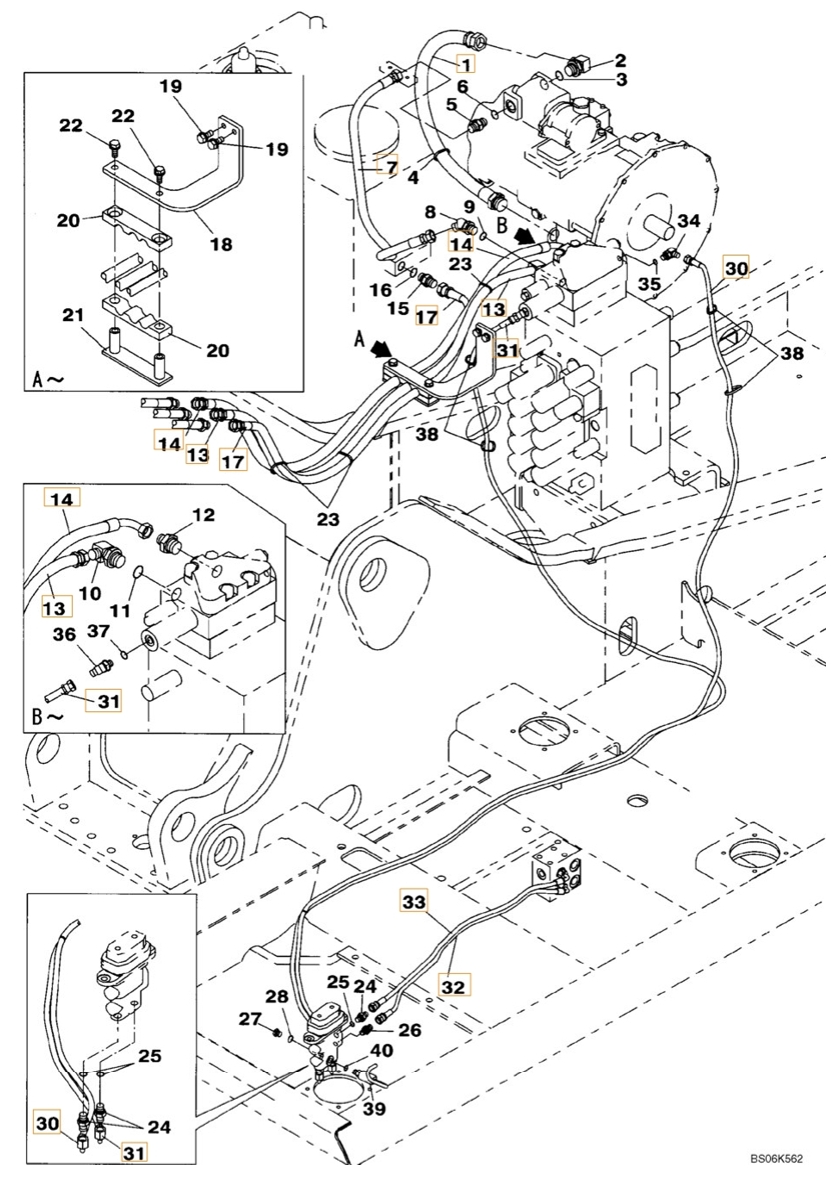 Case CX210B installation diagram showing hydraulic hose KHJ2088 at Pipe No. 32