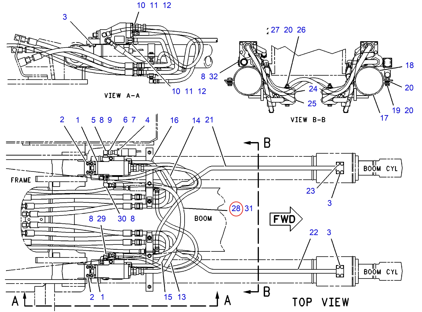 Caterpillar CAT®315-A installation diagram showing hydraulic hose 6C-6464 at Pipe No. 28