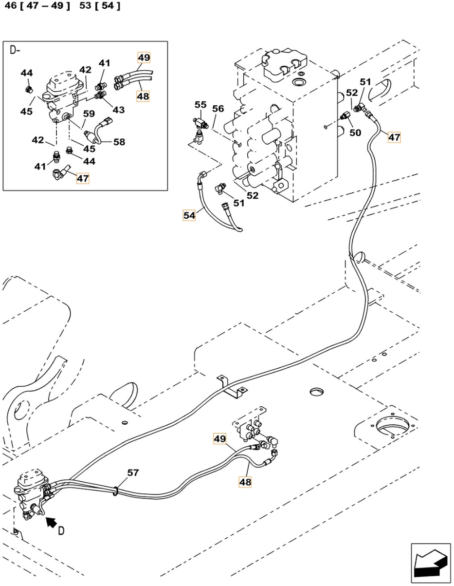 Case CX300C installation diagram showing hydraulic hose KHJ2050 at Pipe No. 49