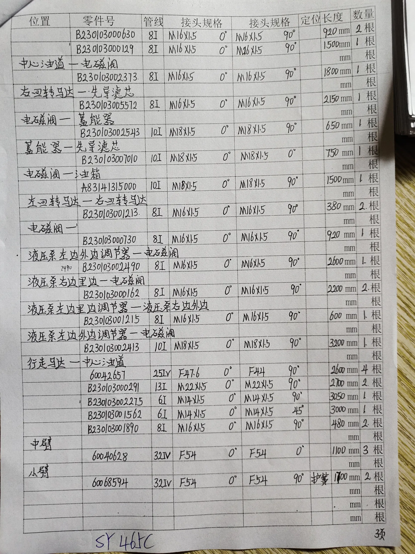 SANY SY465 hydraulic hose part numbers and recorded lengths — technician notebook page 3 of 3 — recorded hose parts B2300300012, B23003001213, B23003001502