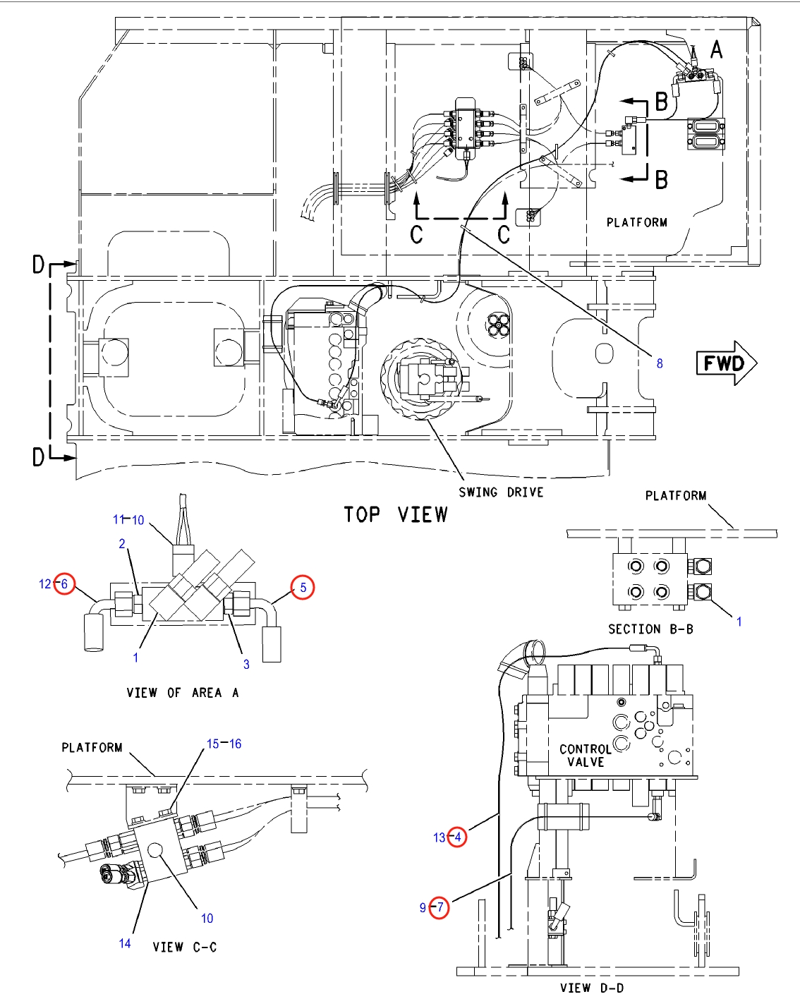 Caterpillar CAT®312C L installation diagram showing hydraulic hose 087-6584 at Pipe No. 4