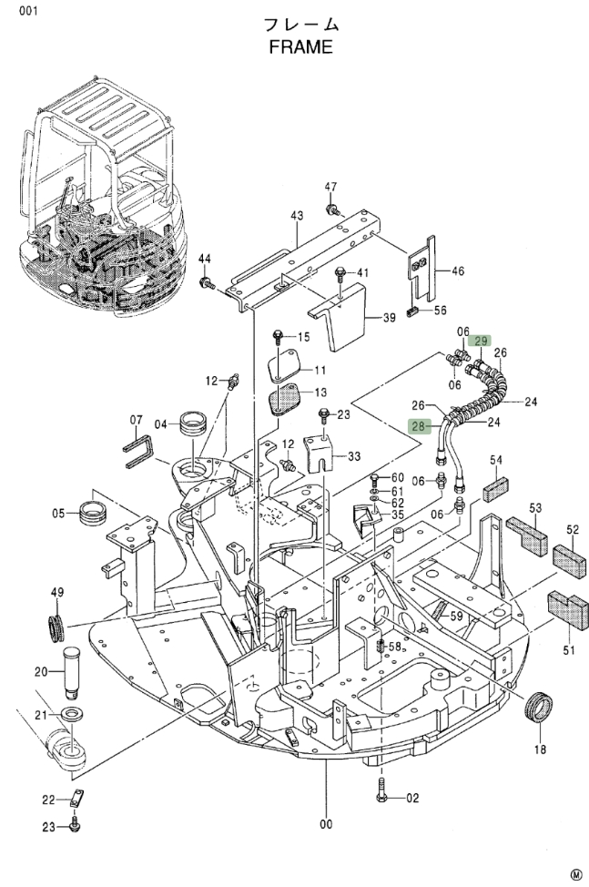 Hitachi EX27U installation diagram showing hydraulic hose 4428744 at Pipe No. 29