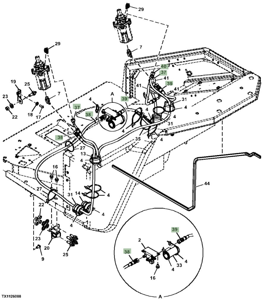 Hitachi ZX35U-5N installation diagram showing hydraulic hose 4661782 at Pipe No. 38