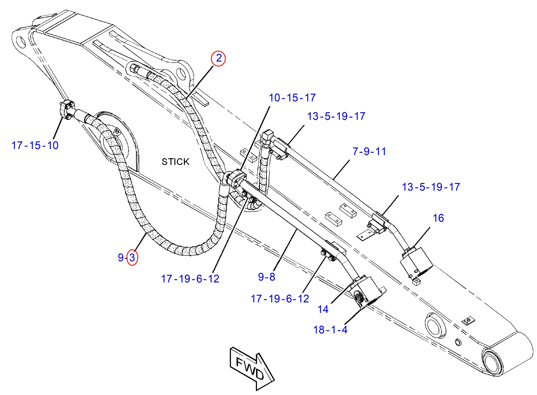 Caterpillar CAT®312D L installation diagram showing hydraulic hose 187-6692 at Pipe No. 2