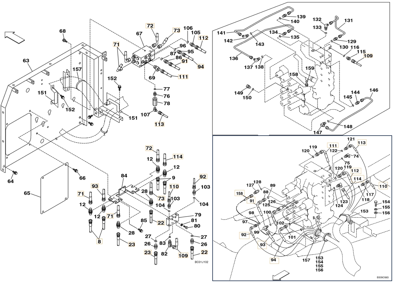 Case CX210N installation diagram showing hydraulic hose KHJ1608 at Pipe No. 92