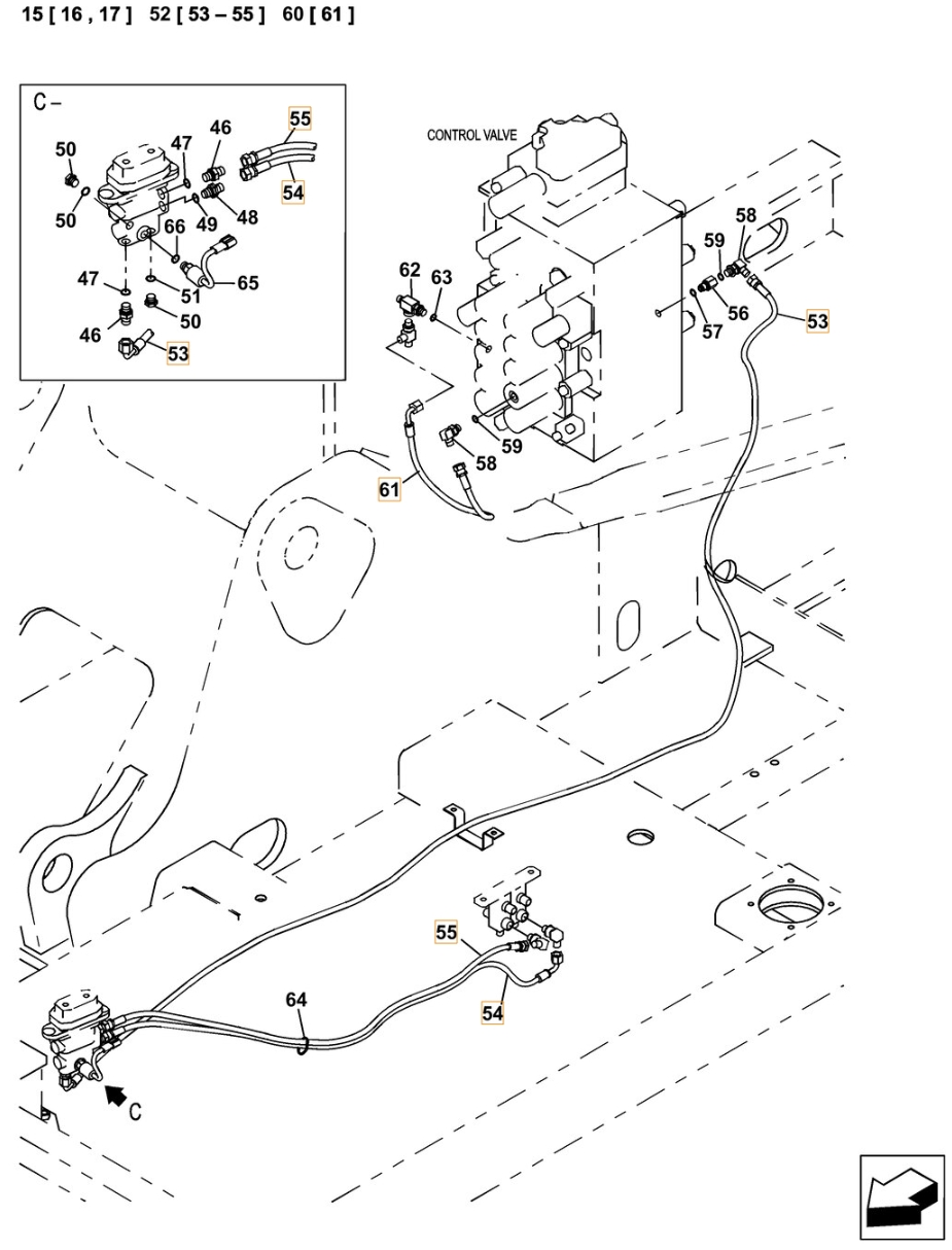 Case CX370C installation diagram showing hydraulic hose KHJ12230 at Pipe No. 53