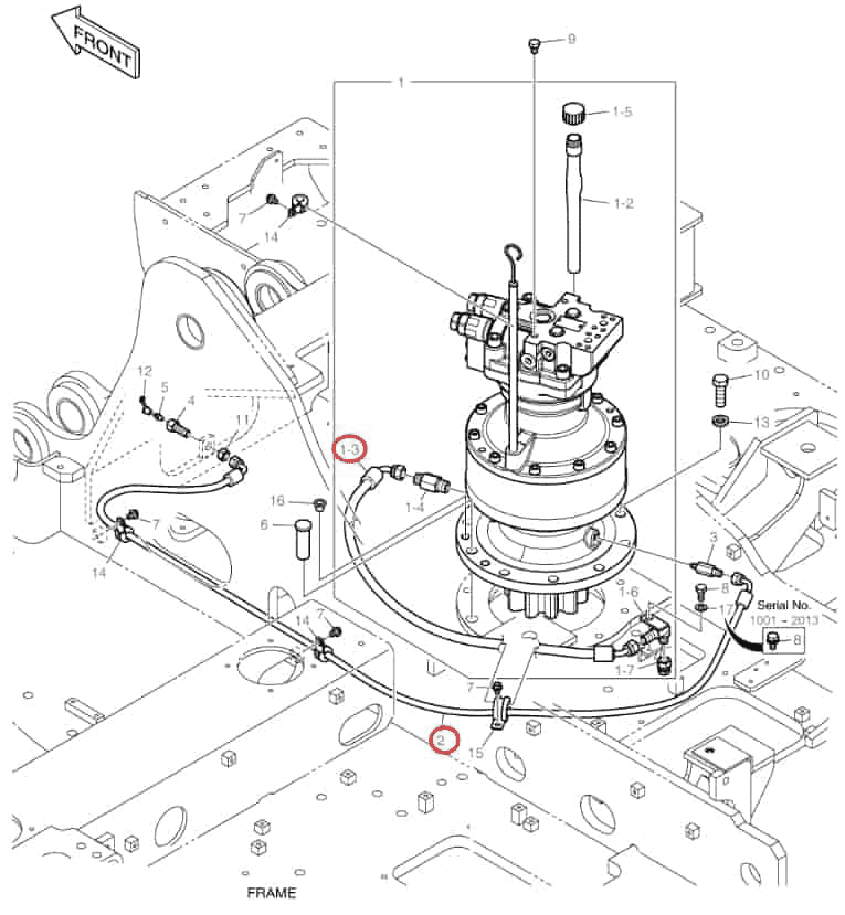 Doosan DX140LCR-3 installation diagram showing hydraulic hose DS2093250 at Pipe No. 1-3
