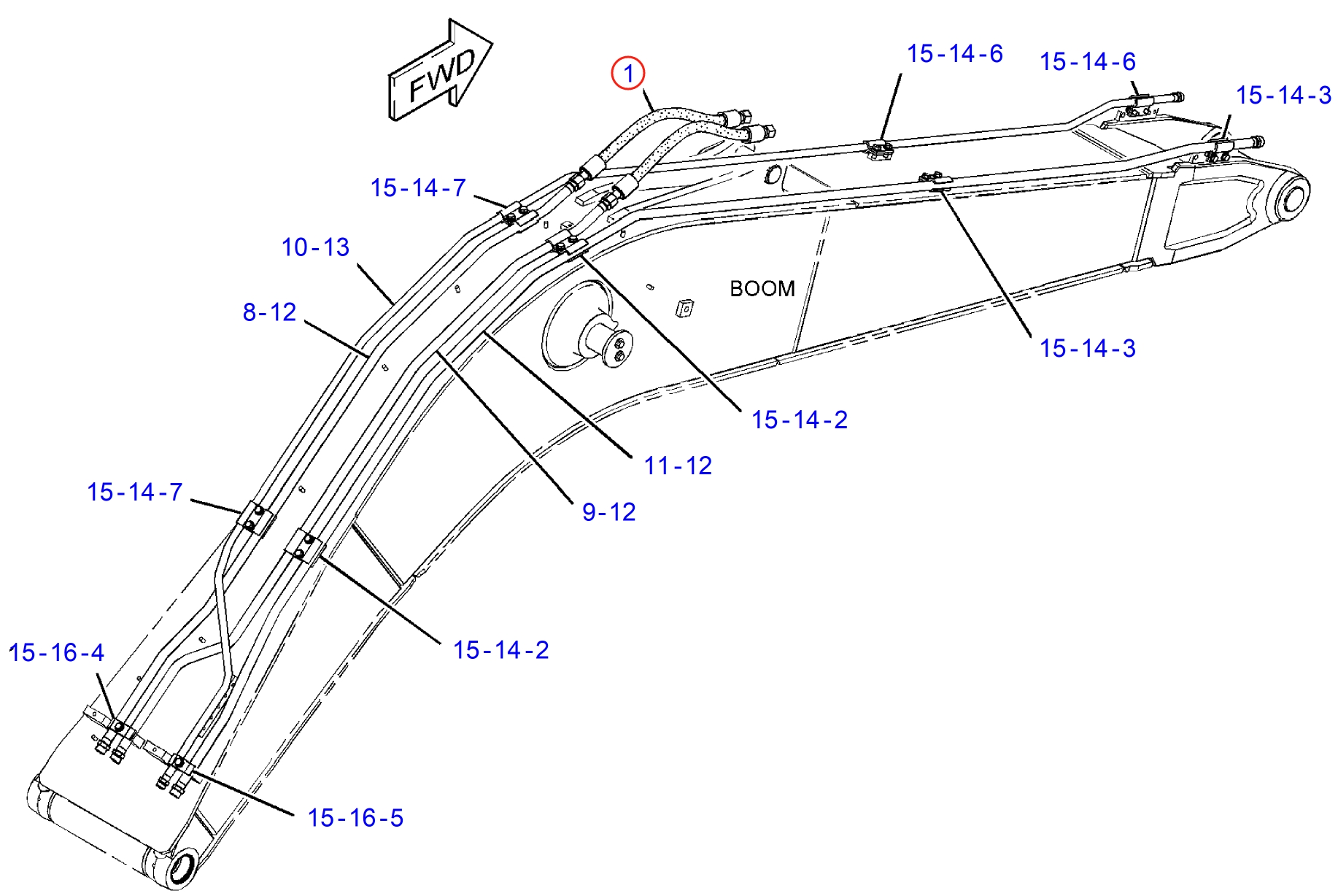 Caterpillar CAT®313D2-GC installation diagram showing hydraulic hose 4I-1095 at Pipe No. 1