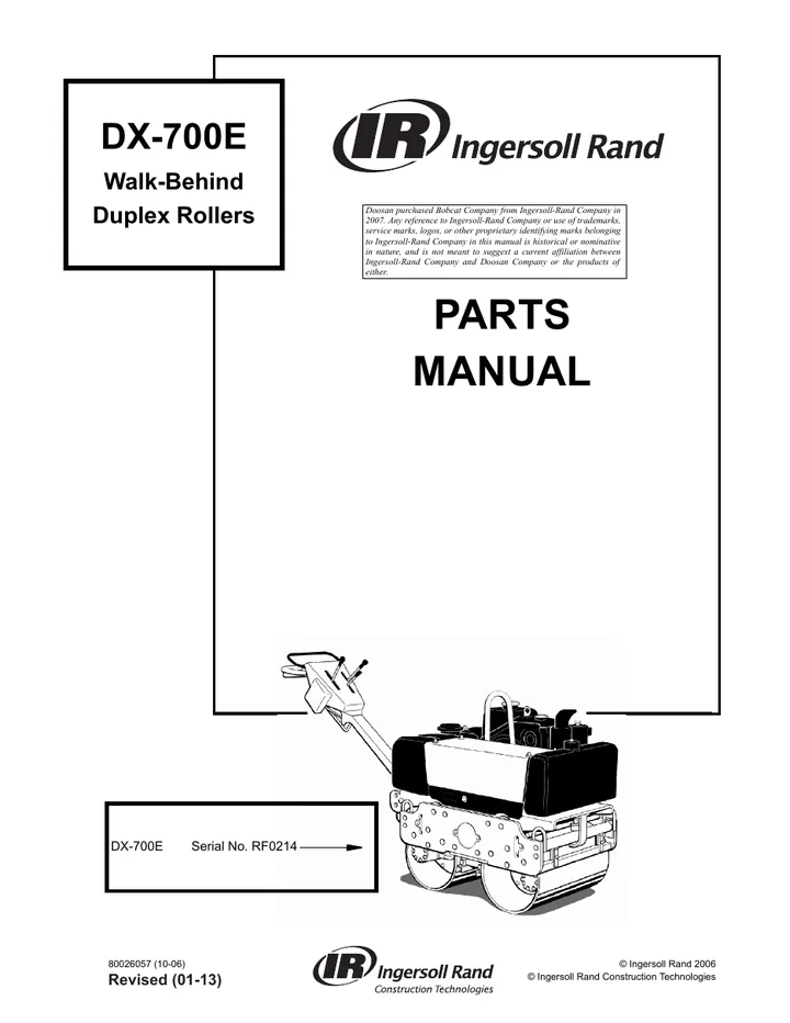Doosan Portable Power DX-700E machine manual cover: Doosan Portable Power DX-700E Walk-Behind Duplex Roller Parts Manual