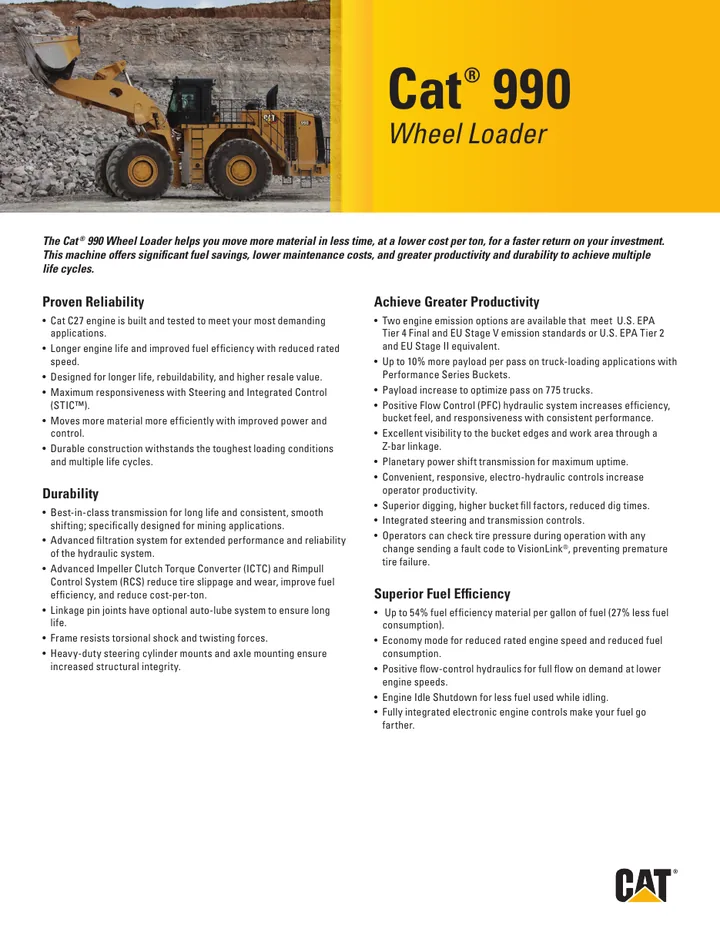 Caterpillar CAT®990 machine manual cover: caterpillar-990-key-features-cm20230502-2e988-c14a7