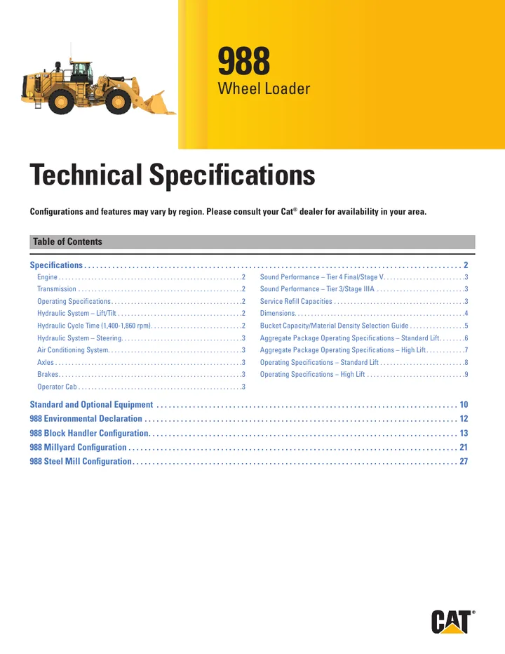 Caterpillar CAT®988 machine manual cover: Caterpillar CAT®988 Technical specification
