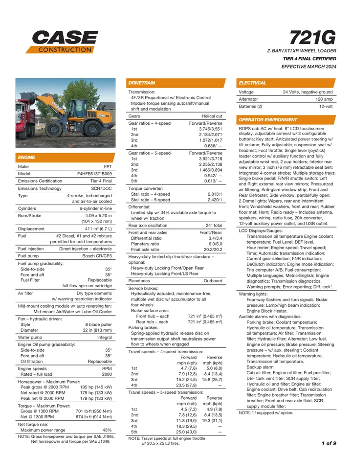 Case 721G machine manual cover: Case 721G Technical specification