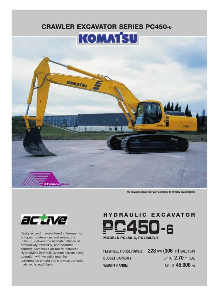Komatsu PC450-6 machine manual cover: komatsu-pc450-6-0451db8ec6d9-product-brochure